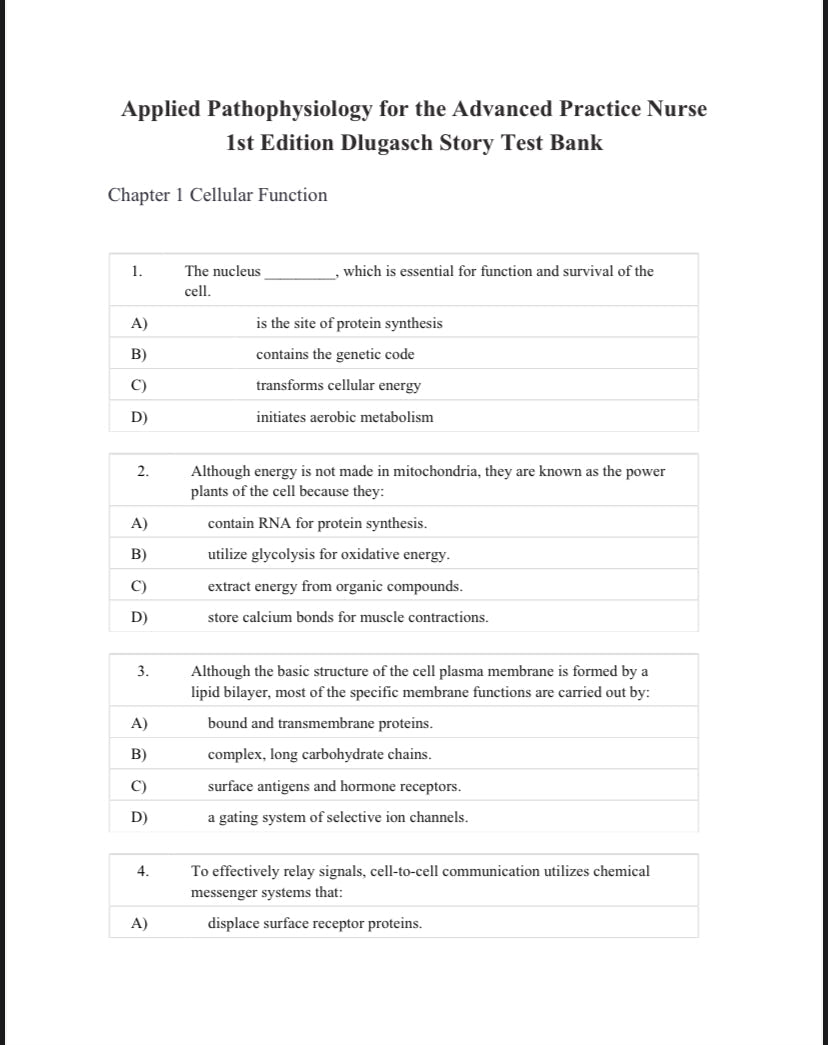 Test Bank Applied Pathophysiology for the Advanced Practice Nurse, 1st Edition by Dlugasch & Story