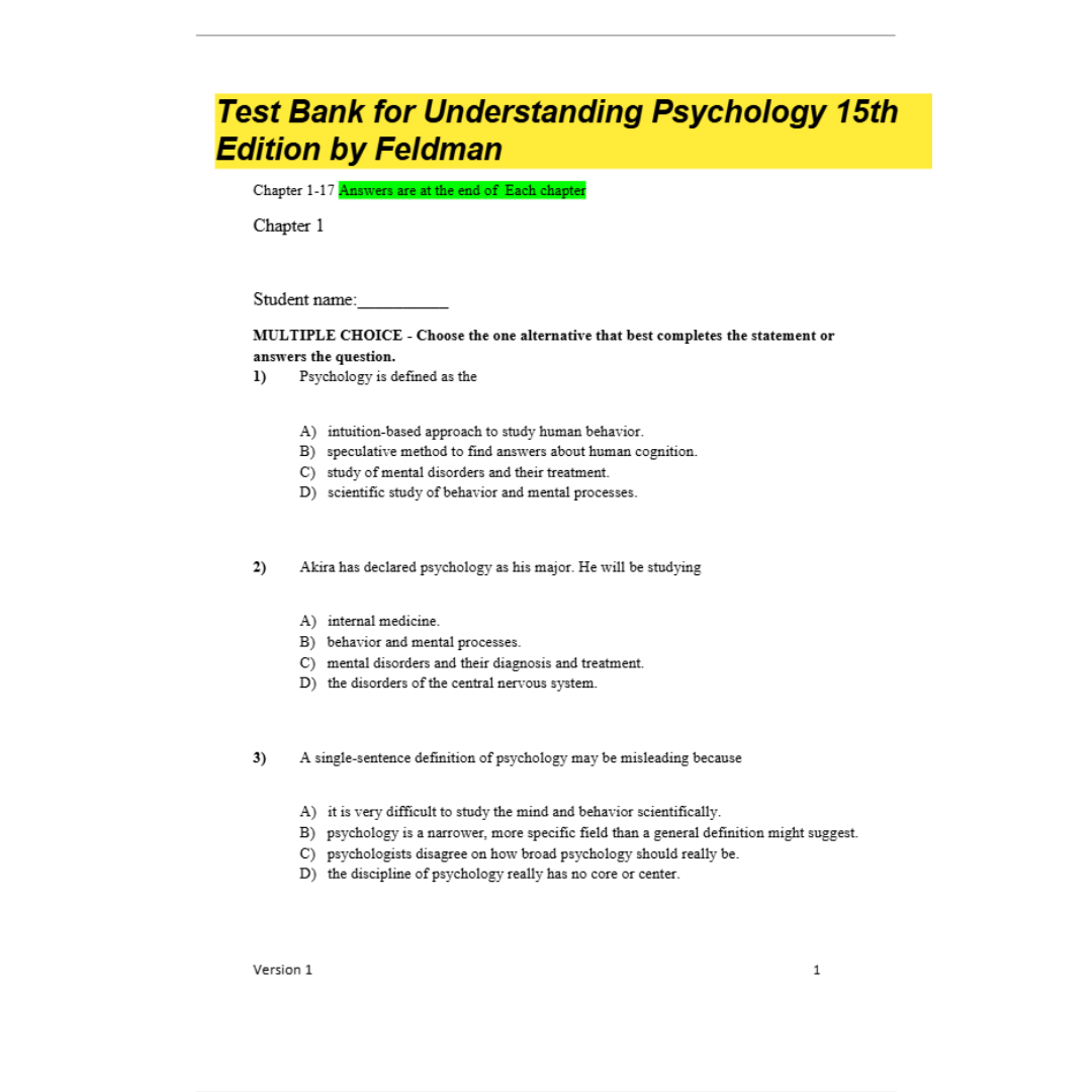 Test Bank For Understanding Psychology 15th Edition By Feldman-ExamThrive