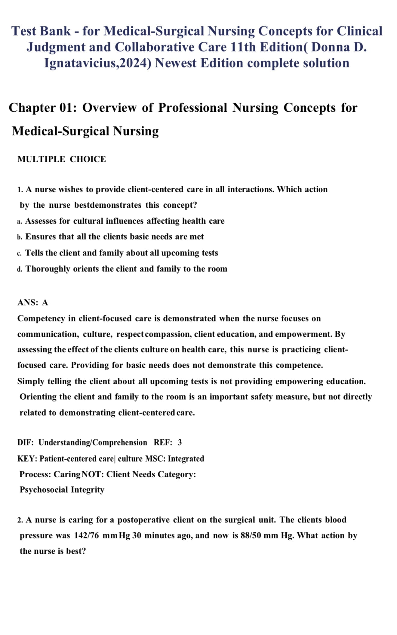 Test bank MEDICAL SURGICAL NURSING:CONCEPTS FOR CLINICAL JUDGEMENT AND COLLABORATIVE CARE 11TH EDITION IGNATAVICIUS
