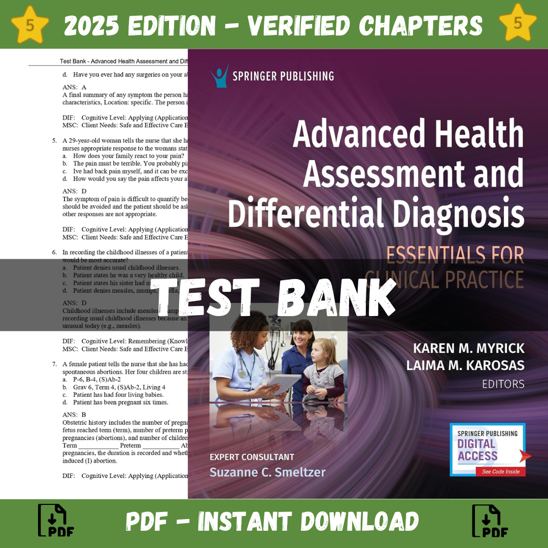Test Bank – Advanced Health Assessment and Differential Diagnosis Essentials for Clinical Practice 1st Edition (Myrick, 2024)-ExamThrive