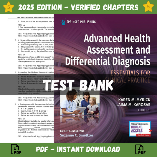 Test Bank – Advanced Health Assessment and Differential Diagnosis Essentials for Clinical Practice 1st Edition (Myrick, 2024)-ExamThrive