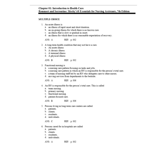 Test Bank For Mosby’s Essentials for Nursing Assistants 7th Edition By Remmert-ExamThrive