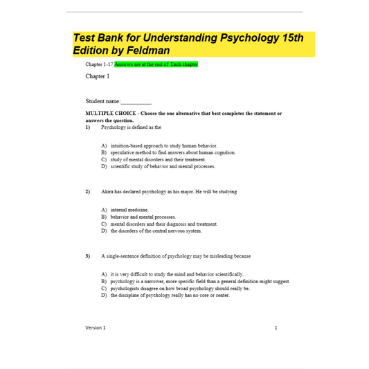 Test Bank For Understanding Psychology 15th Edition By Feldman-ExamThrive