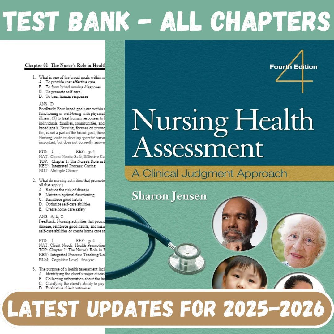 Test Bank for Nursing Health Assessment: A Clinical Judgment Approach, 4th Edition by Sharon Jensen-ExamThrive