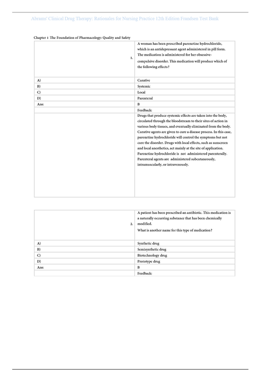 Test Bank for Abrams Clinical Drug Therapy 12th by Frandsen