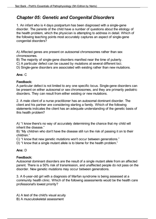 Test Bank for Porth’s Essentials of Pathophysiology 5e by Norris